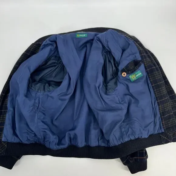 Vintage Collie Italian Lambs Wool Varsity Bomber Jacket Mens XL Navy Blue Plaid - Picture 9 of 11